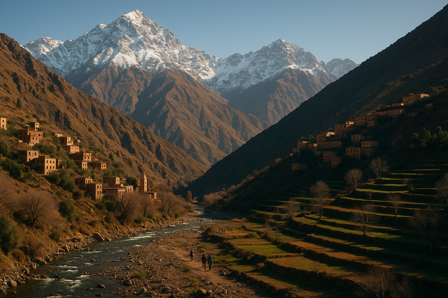 Imlil village and river with snow-capped High Atlas Mountains near Marrakech