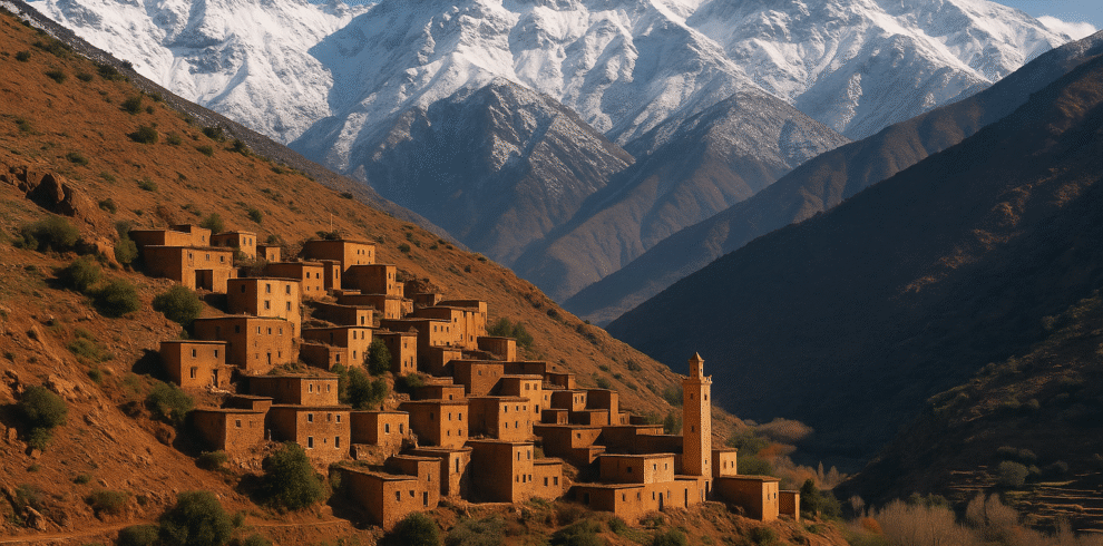 Traditional Berber village on the slopes of the Atlas Mountains with snow-capped peaks in the background near Asni and the road to Imlil