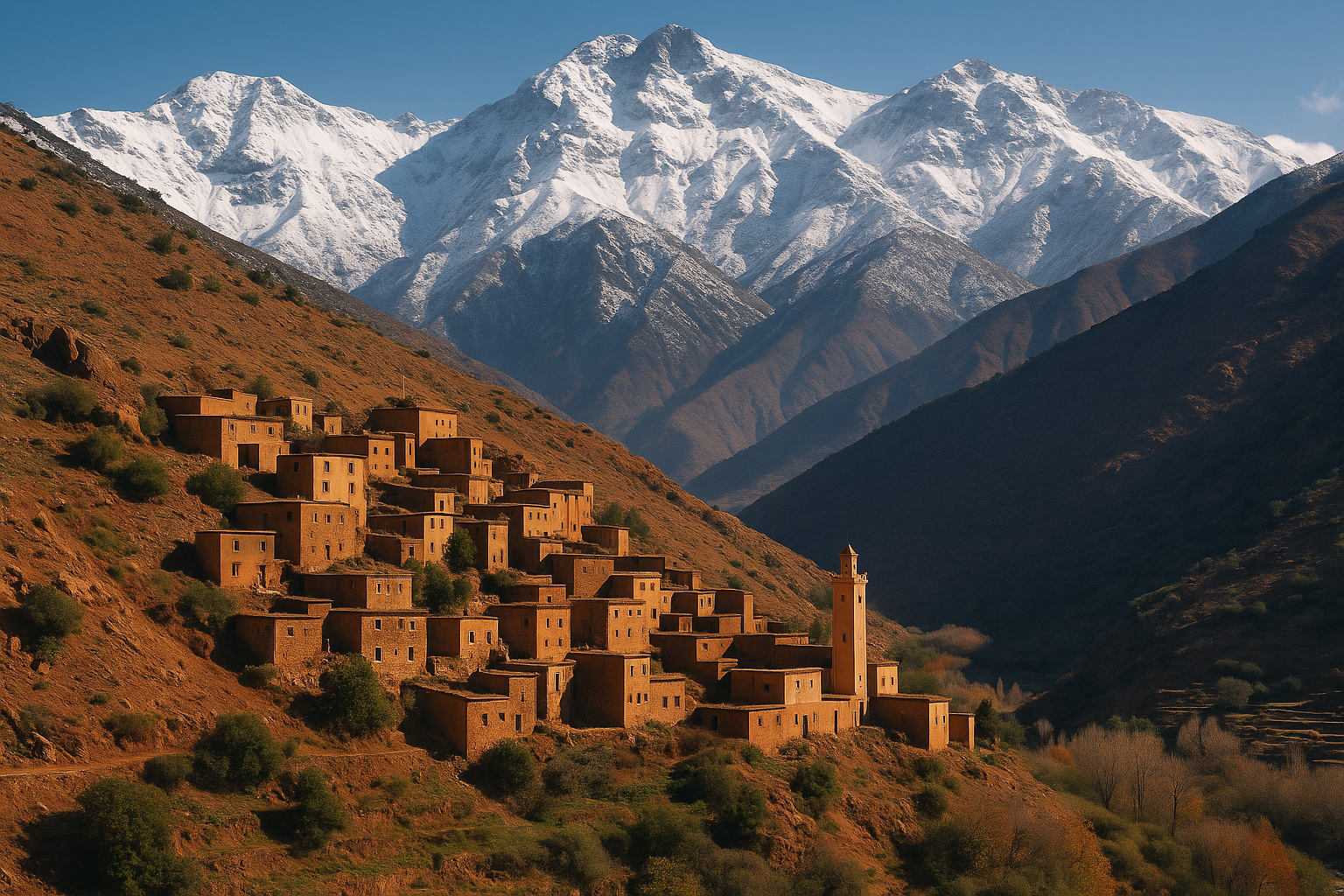 Traditional Berber village on the slopes of the Atlas Mountains with snow-capped peaks in the background near Asni and the road to Imlil