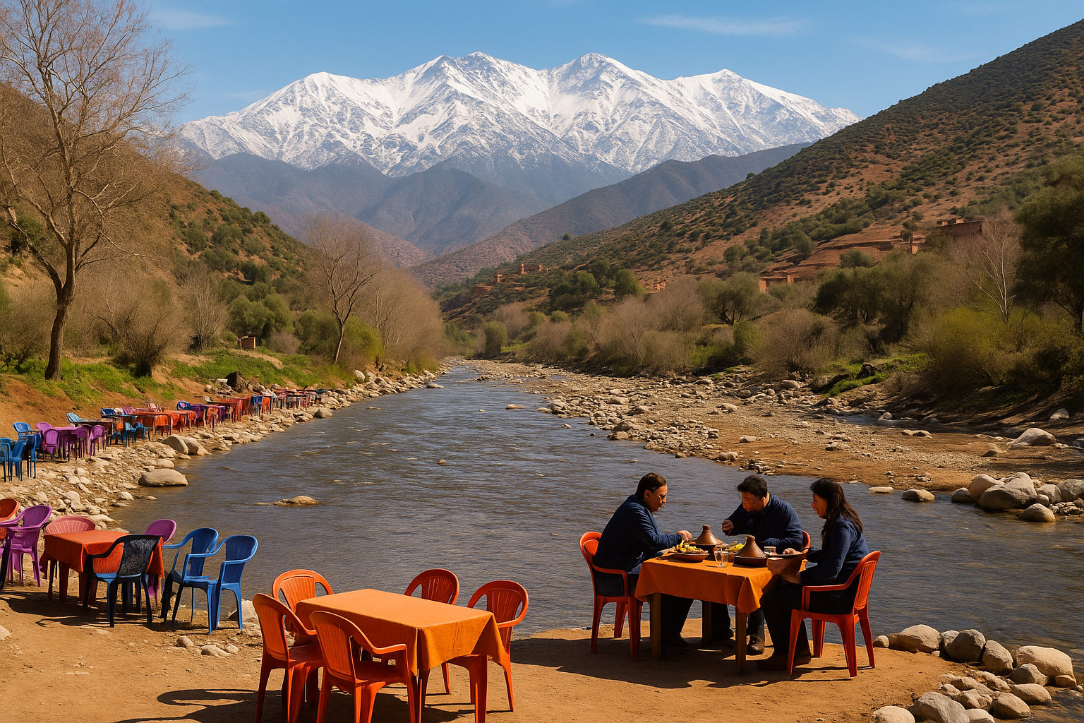 People enjoying a traditional Moroccan tagine meal by the river in Ourika Valley with snow-capped Atlas Mountains in the background