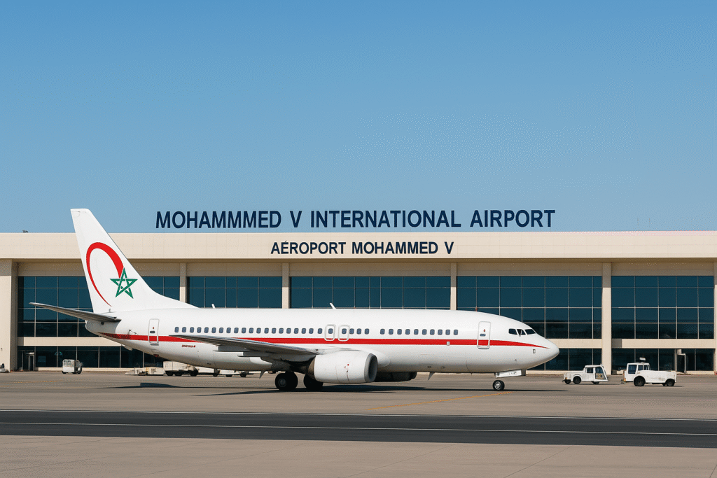 Airplane on the runway at Mohammed V International Airport Casablanca Morocco, with terminal signage in English and French