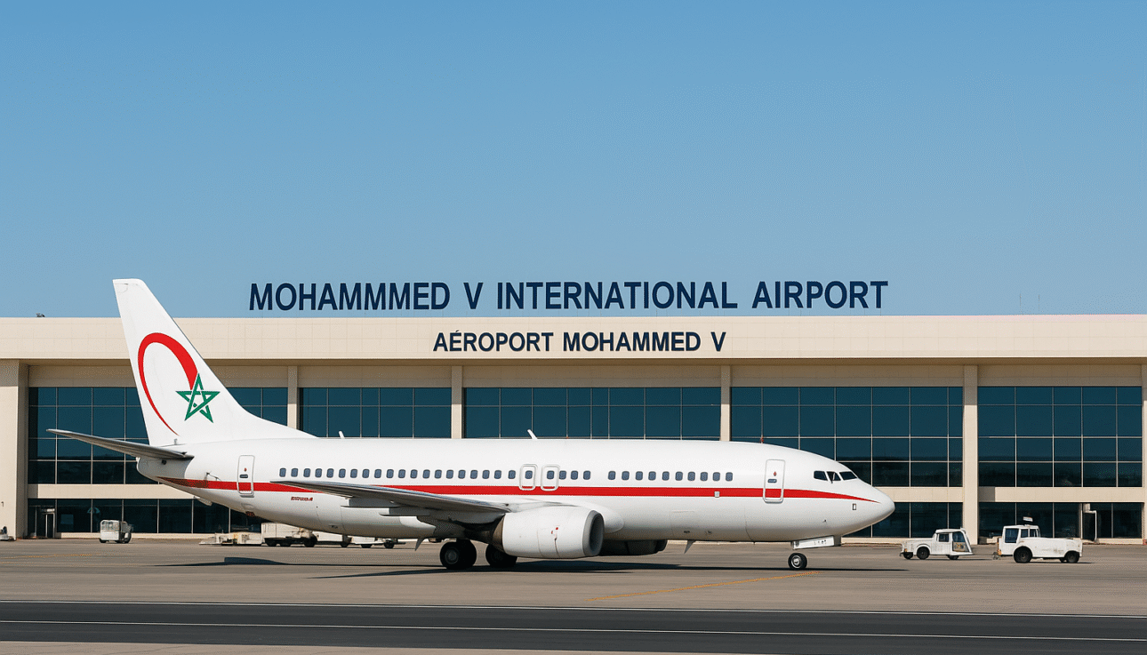 Airplane on the runway at Mohammed V International Airport Casablanca Morocco, with terminal signage in English and French