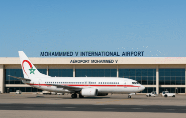 Airplane on the runway at Mohammed V International Airport Casablanca Morocco, with terminal signage in English and French