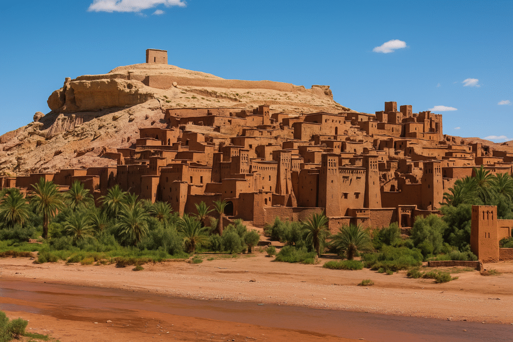 Aït Ben Haddou village under bright midday sun with traditional clay kasbahs and palm trees in Morocco.