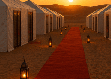 Morocco Group Tours – luxury desert camp in Merzouga Sahara Desert at sunrise, with white tents featuring glass doors, red carpet pathway, and lanterns