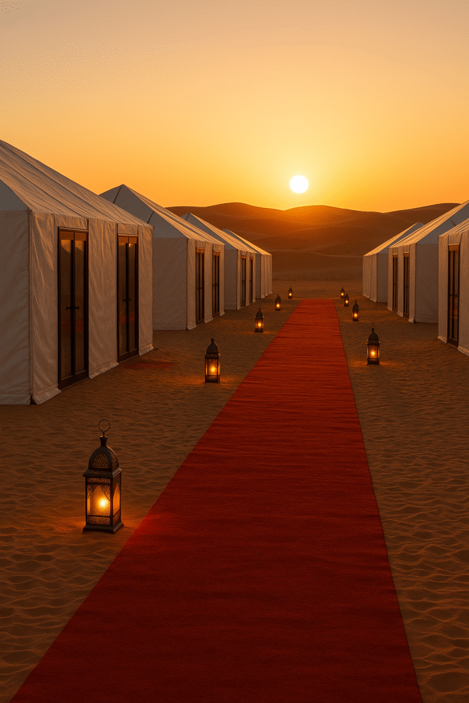 Morocco Group Tours – luxury desert camp in Merzouga Sahara Desert at sunrise, with white tents featuring glass doors, red carpet pathway, and lanterns