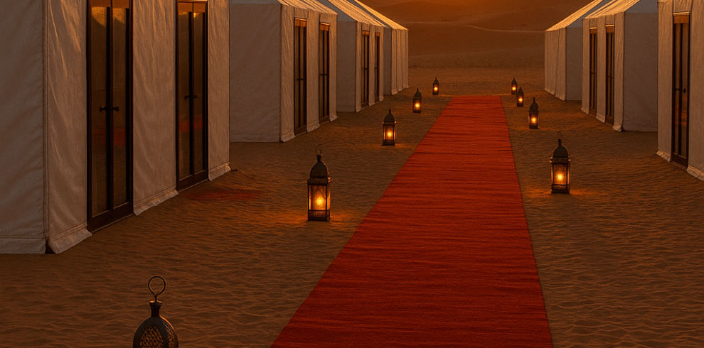 Morocco Group Tours – luxury desert camp in Merzouga Sahara Desert at sunrise, with white tents featuring glass doors, red carpet pathway, and lanterns