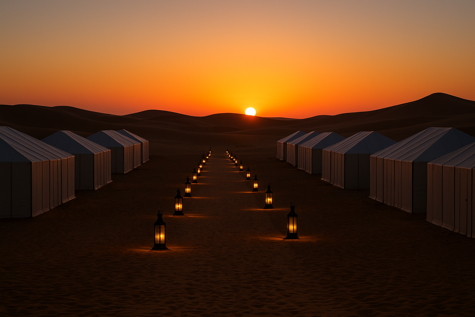 Neatly aligned luxury tents in the Sahara Desert with lantern lights in a straight line, glowing at sunset in Merzouga, Morocco.