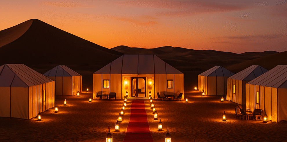 Morocco Sahara Desert Tours – Royal luxury desert camp with glowing lights in the Erg Chebbi dunes at night