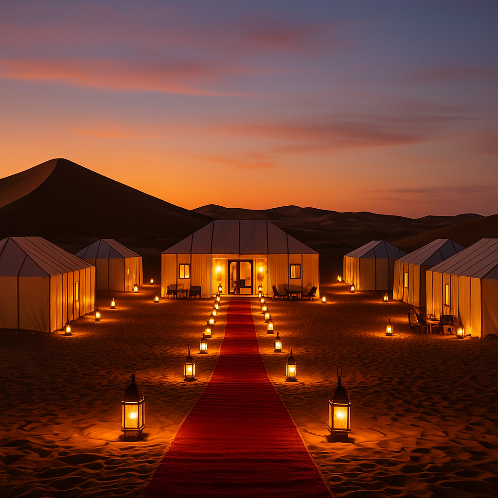 Morocco Sahara Desert Tours – Royal luxury desert camp with glowing lights in the Erg Chebbi dunes at night