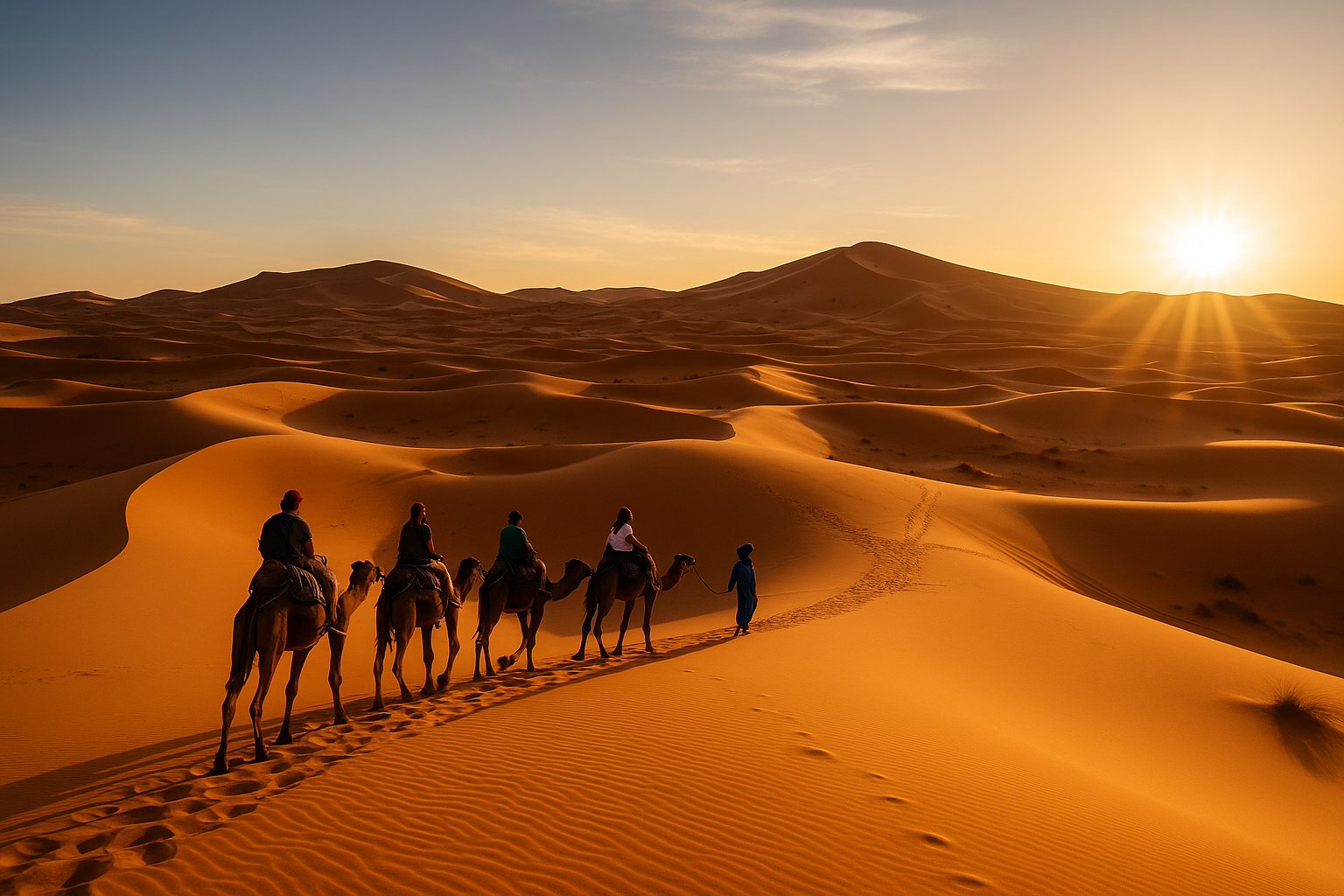 Best places to visit in Morocco – camel caravan in the Sahara Desert at sunset, part of a 7 days itinerary