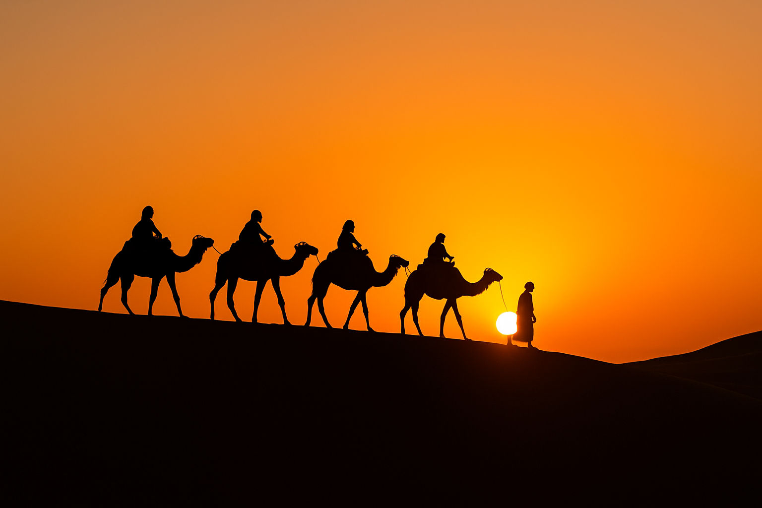 A caravan of camels with riders led by a Berber guide walking across the Merzouga dunes at sunset, captured in a realistic travel photo.morocco small group tours