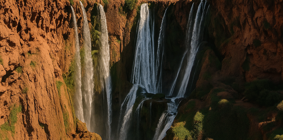 Scenic view of Ouzoud Waterfalls in Morocco with snowy Atlas Mountains in the background – popular day trip from Marrakech