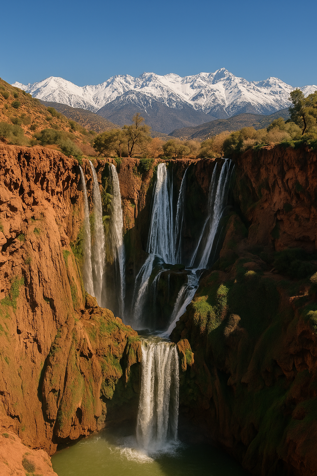 Scenic view of Ouzoud Waterfalls in Morocco with snowy Atlas Mountains in the background – popular day trip from Marrakech