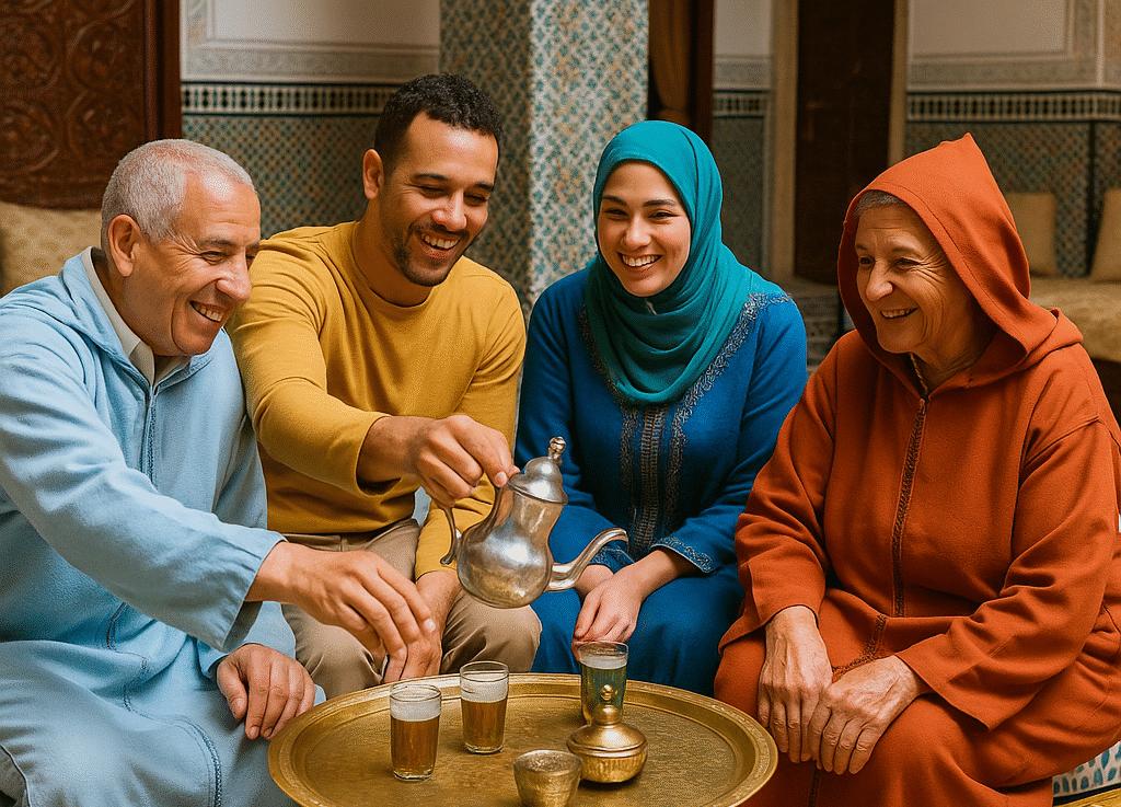 Group of Moroccan people enjoying mint tea together in a traditional riad, showcasing hospitality and cultural traditions