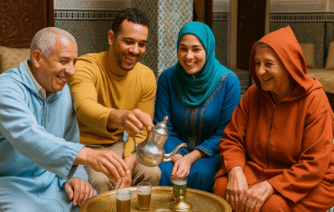 Group of Moroccan people enjoying mint tea together in a traditional riad, showcasing hospitality and cultural traditions