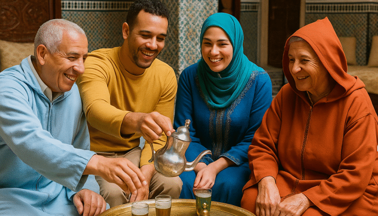 Group of Moroccan people enjoying mint tea together in a traditional riad, showcasing hospitality and cultural traditions