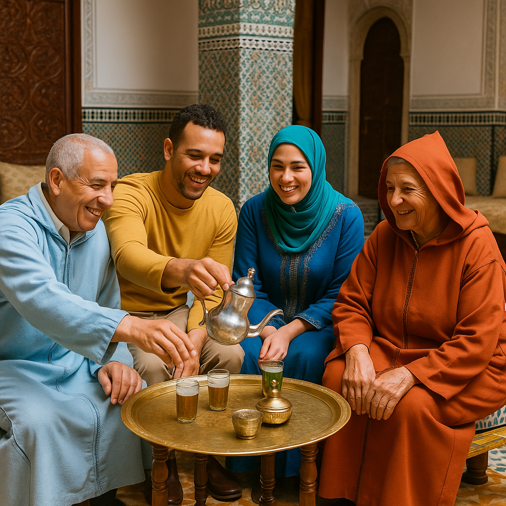 Group of Moroccan people enjoying mint tea together in a traditional riad, showcasing hospitality and cultural traditions