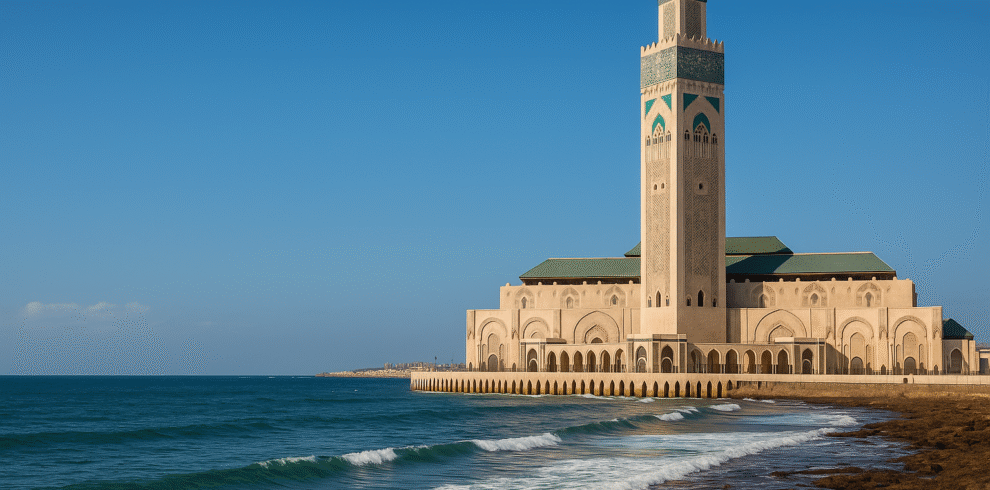 10 Days in Morocco-The Hassan II Mosque in Casablanca standing by the Atlantic Ocean under a clear sky