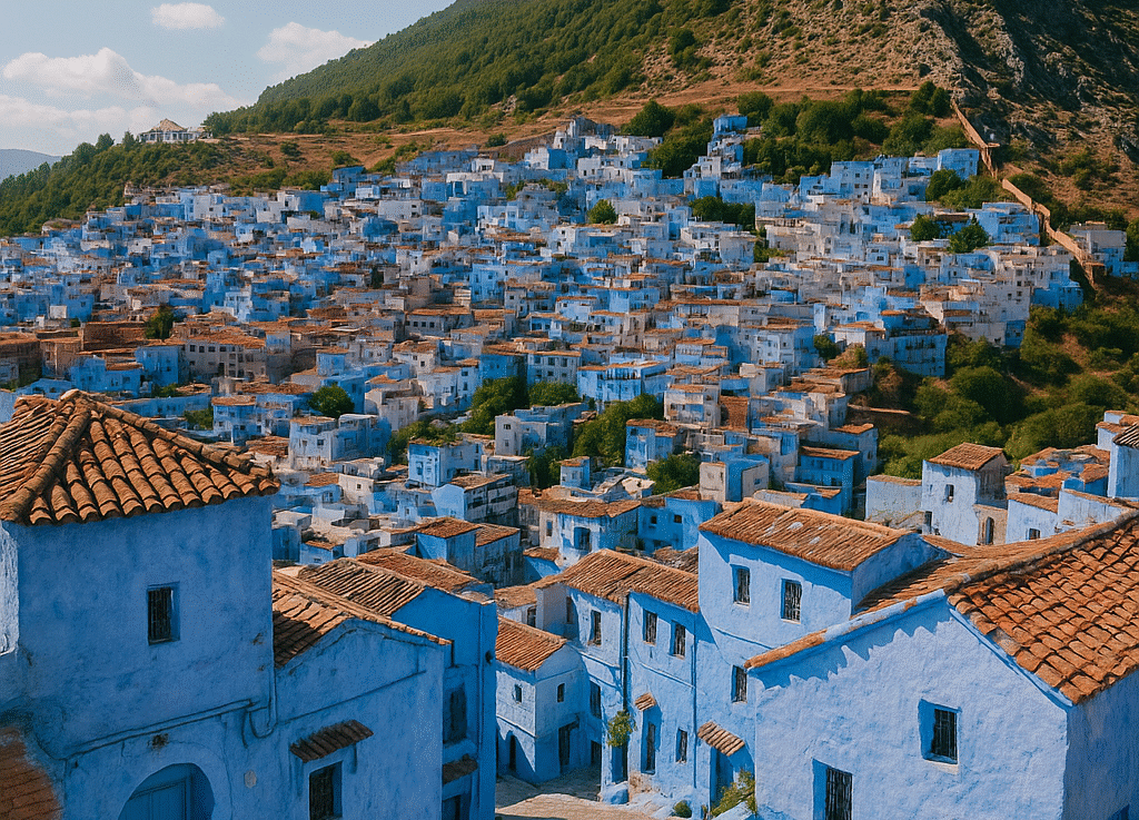 Panoramic view of Chefchaouen, the Blue City Morocco, with blue-painted houses on the hillside of the Rif Mountains