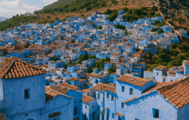Panoramic view of Chefchaouen, the Blue City Morocco, with blue-painted houses on the hillside of the Rif Mountains
