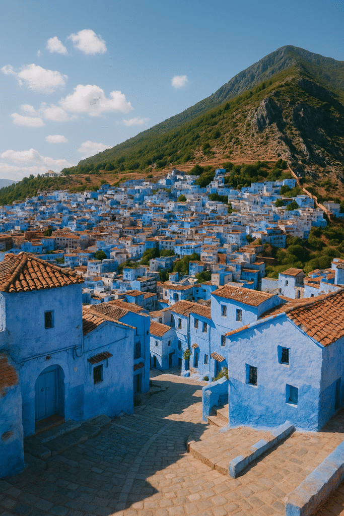 Panoramic view of Chefchaouen, the Blue City Morocco, with blue-painted houses on the hillside of the Rif Mountains