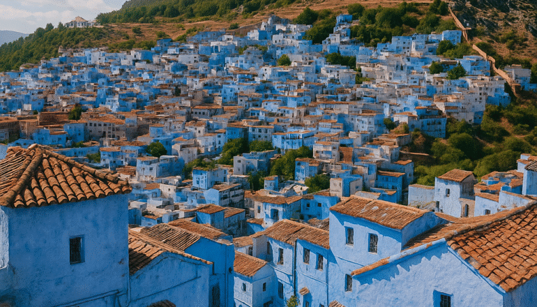 Panoramic view of Chefchaouen, the Blue City Morocco, with blue-painted houses on the hillside of the Rif Mountains