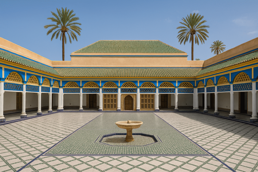 Center view of Bahia Palace courtyard in Marrakech with fountain and arches – Morocco tours