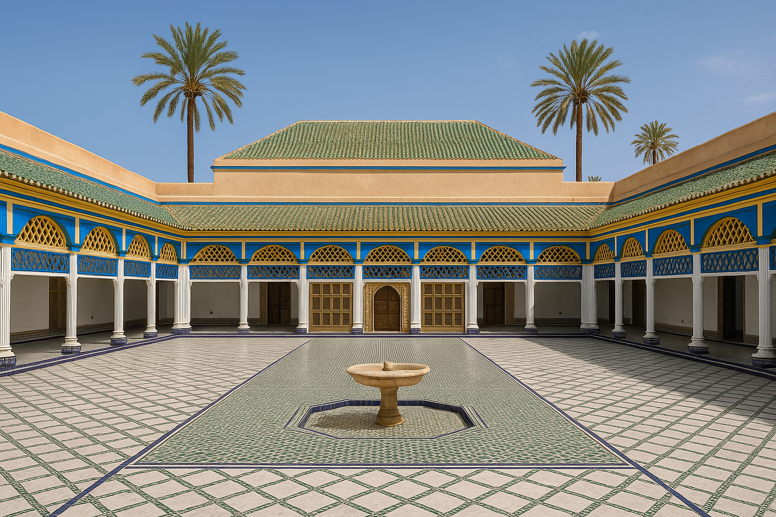 Center view of Bahia Palace courtyard in Marrakech with fountain and arches – Morocco tours