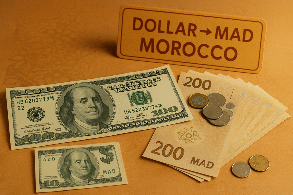 Photorealistic image showing US dollar note and Moroccan-style MAD notes with coins, symbolizing Dollar MAD in Morocco exchange