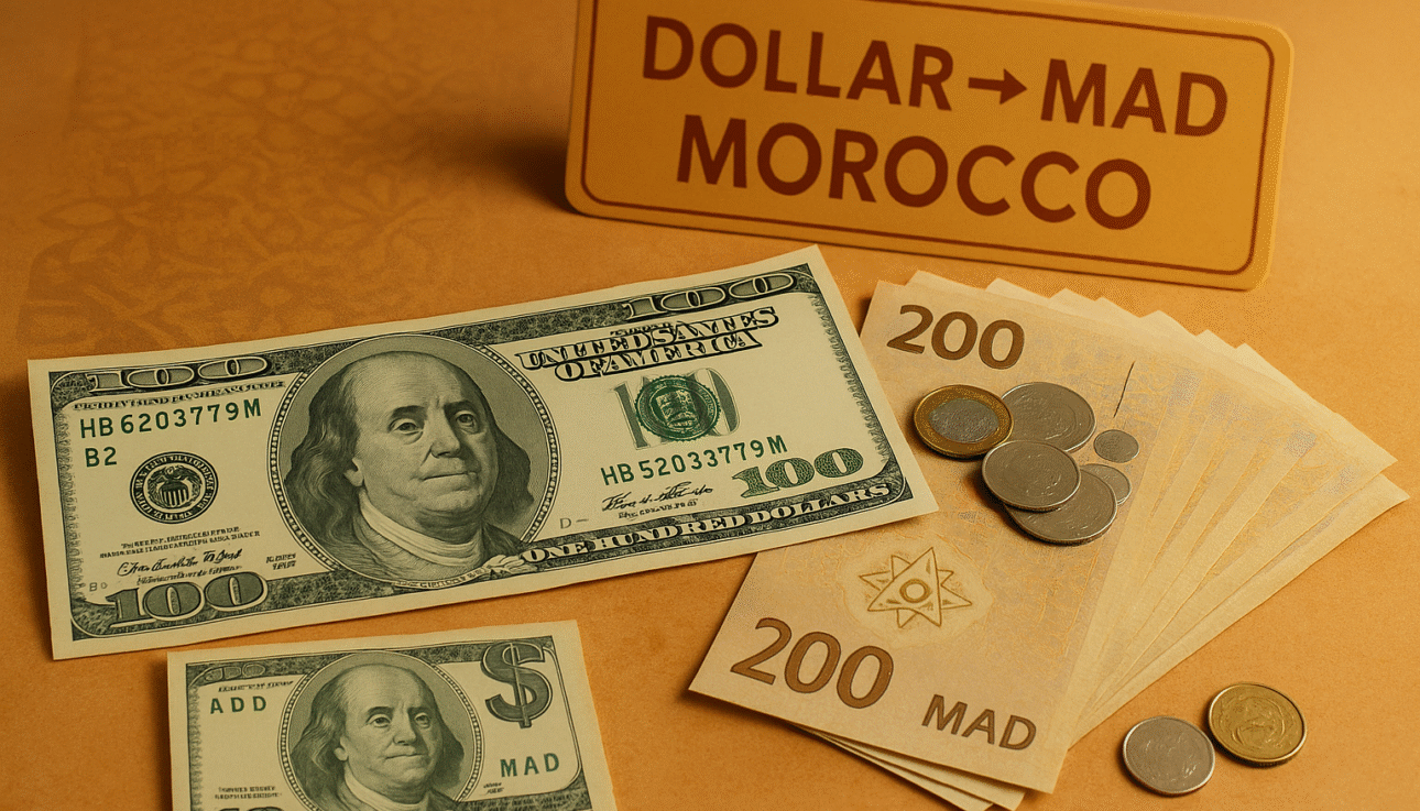 Photorealistic image showing US dollar note and Moroccan-style MAD notes with coins, symbolizing Dollar MAD in Morocco exchange