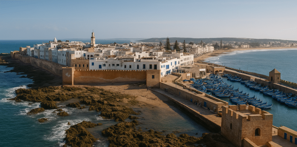Panoramic photo of Essaouira with blue fishing boats, white-and-blue medina walls, and Atlantic Ocean ramparts