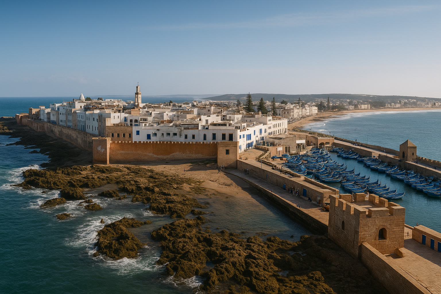 Panoramic photo of Essaouira with blue fishing boats, white-and-blue medina walls, and Atlantic Ocean ramparts