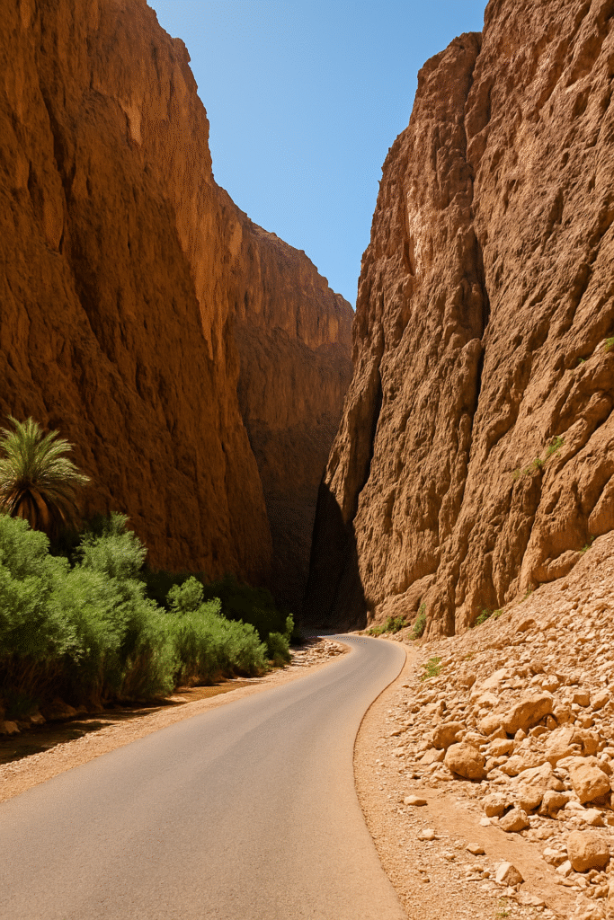 Towering limestone cliffs of Todra Gorge with a narrow road curving through the canyon under bright daylight in Morocco.