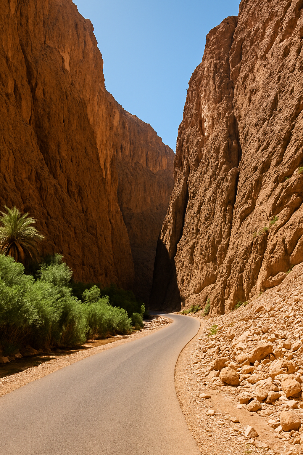 Towering limestone cliffs of Todra Gorge with a narrow road curving through the canyon under bright daylight in Morocco.