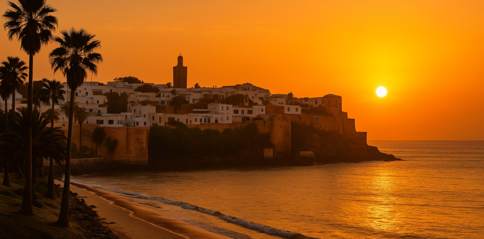 Morocco Group Tours – Kasbah of the Udayas in Rabat with ocean view at sunset