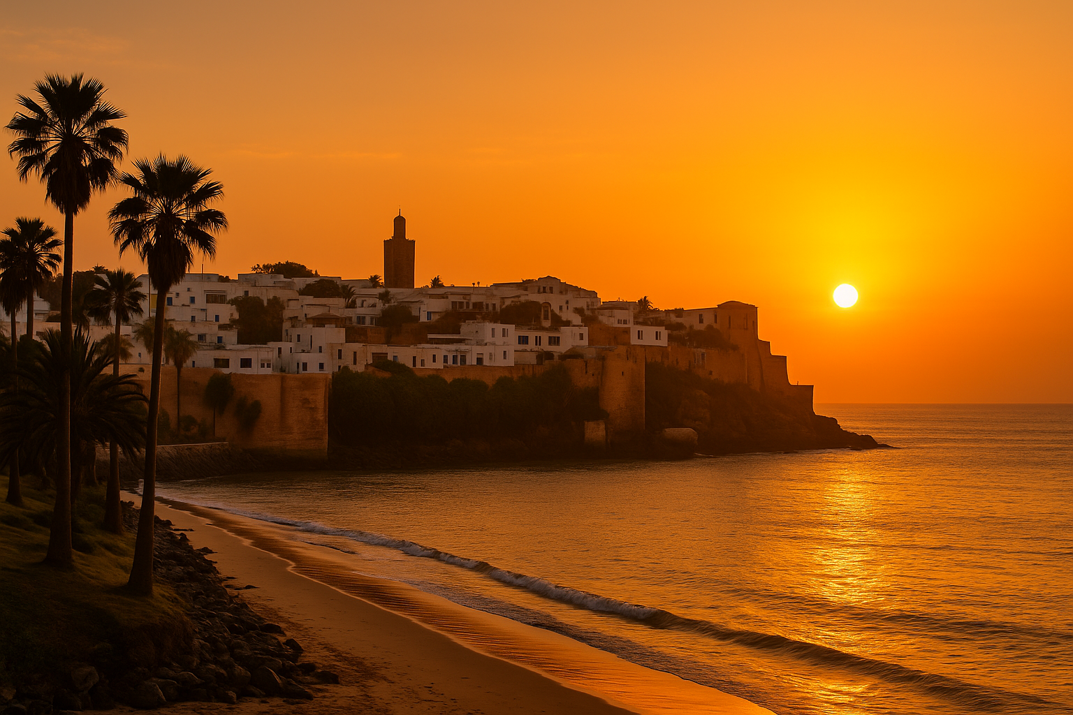 Morocco Group Tours – Kasbah of the Udayas in Rabat with ocean view at sunset