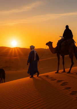 A Berber guide leading camels with travelers across the golden dunes of Merzouga at sunrise in the Sahara Desert. Description: A breat .morocco group tours