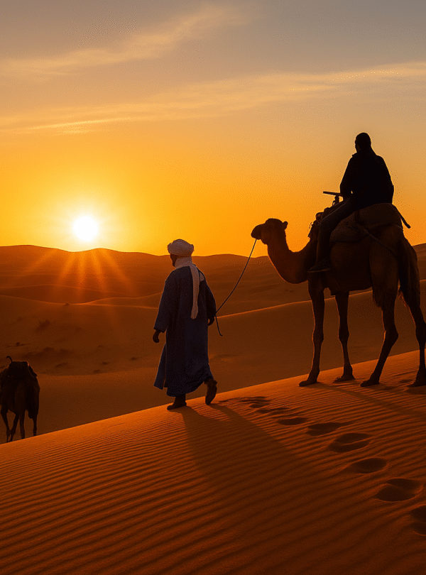 A Berber guide leading camels with travelers across the golden dunes of Merzouga at sunrise in the Sahara Desert. Description: A breat .morocco group tours