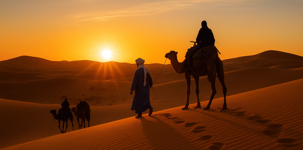 A Berber guide leading camels with travelers across the golden dunes of Merzouga at sunrise in the Sahara Desert. Description: A breat .morocco group tours