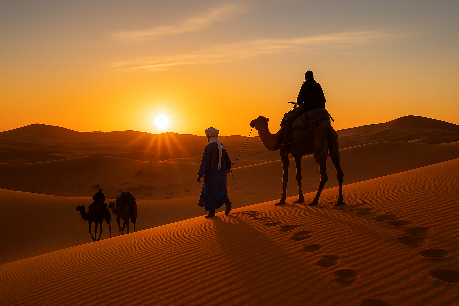 A Berber guide leading camels with travelers across the golden dunes of Merzouga at sunrise in the Sahara Desert. Description: A breat .morocco group tours