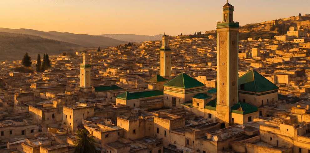 Gate 1 Travel Morocco – Camel caravan crossing the golden Erg Chebbi dunes in Merzouga at sunset