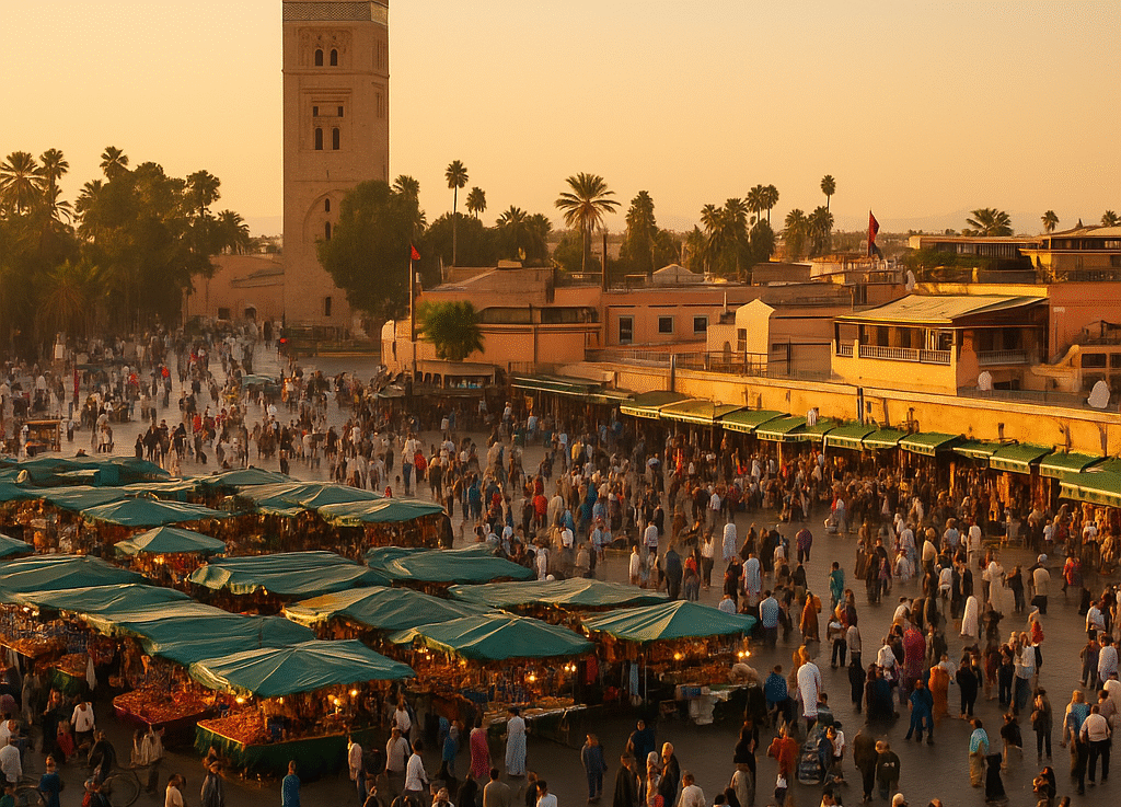 Jemaa el-Fnaa square in Marrakech with the Koutoubia Mosque at sunset – best places to visit in Morocco