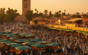 Jemaa el-Fnaa square in Marrakech with the Koutoubia Mosque at sunset – best places to visit in Morocco