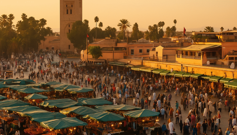 Jemaa el-Fnaa square in Marrakech with the Koutoubia Mosque at sunset – best places to visit in Morocco