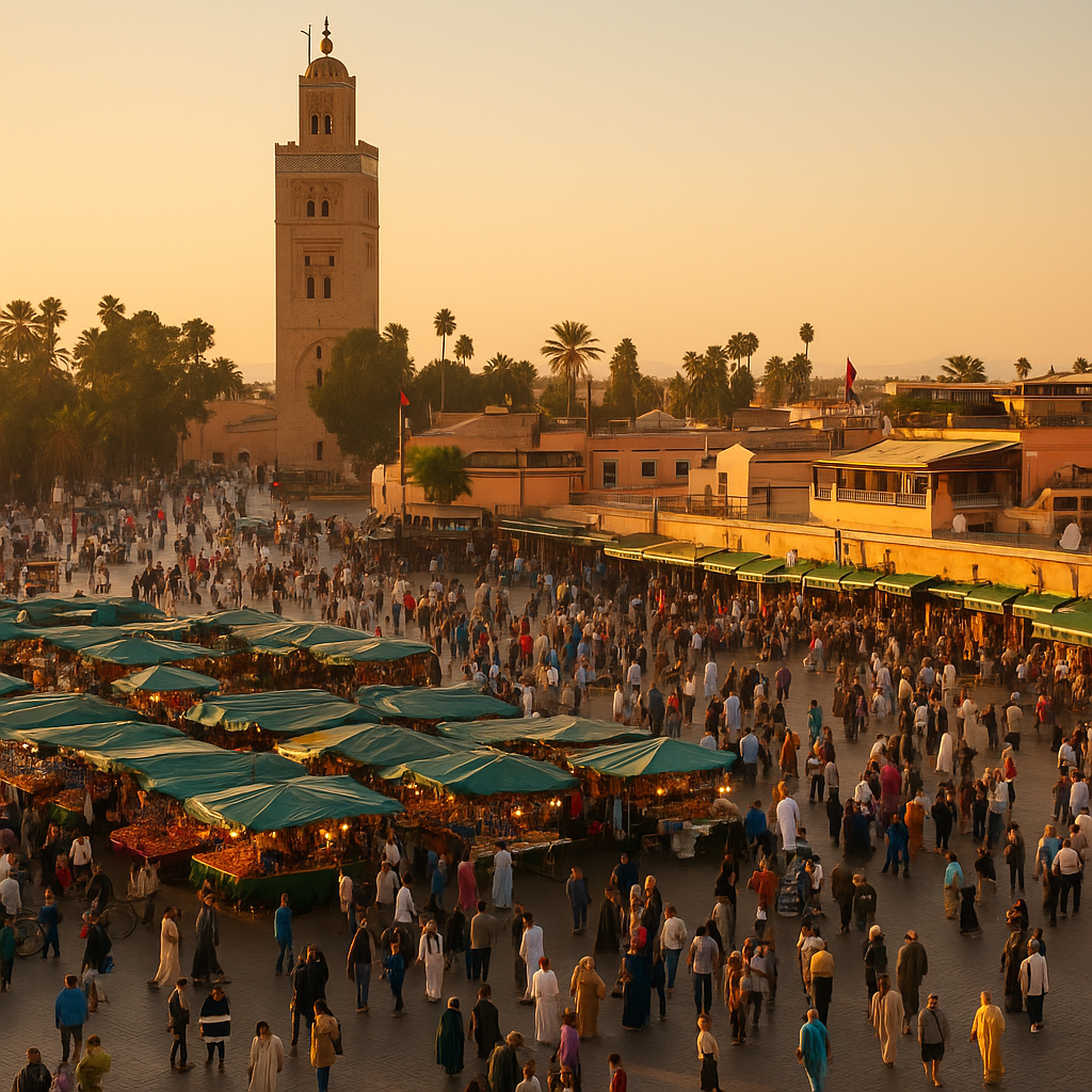 Jemaa el-Fnaa square in Marrakech with the Koutoubia Mosque at sunset – best places to visit in Morocco