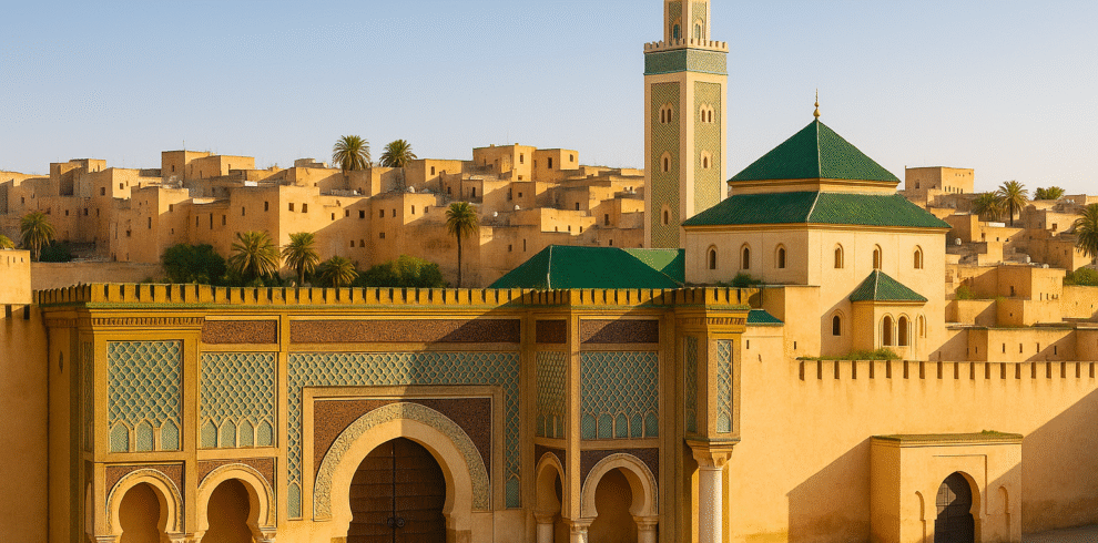 Morocco Luxury Tours – View of Bab Mansour Gate in Meknes, Morocco with golden sunset light