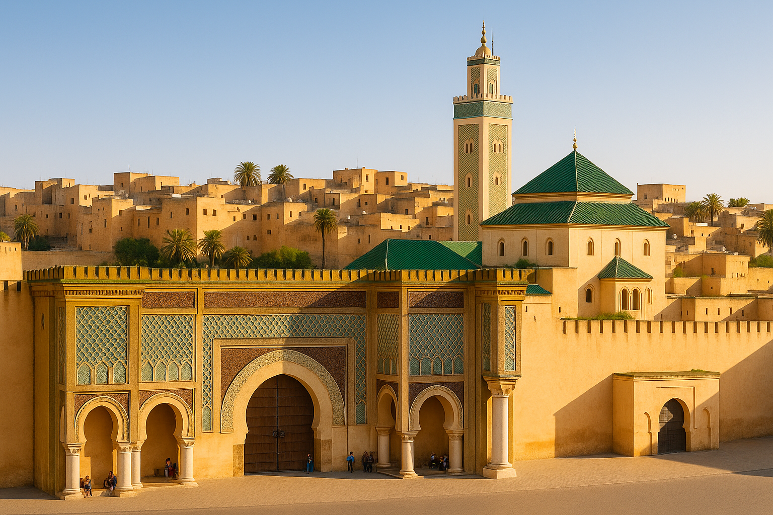 Morocco Luxury Tours – View of Bab Mansour Gate in Meknes, Morocco with golden sunset light