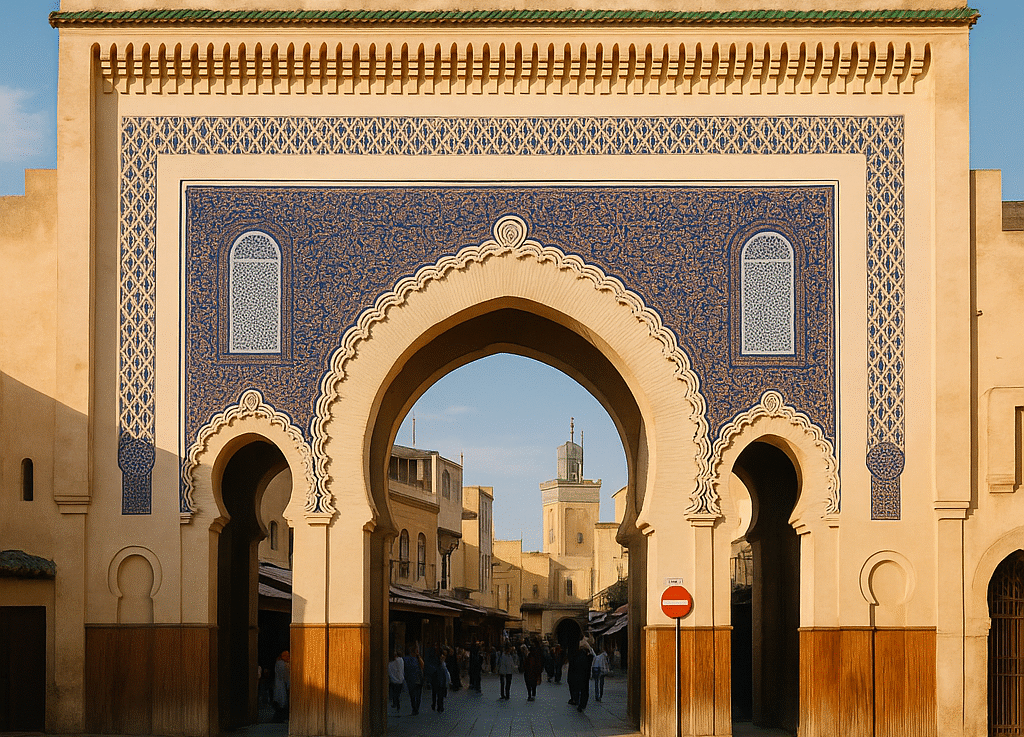Bab Bou Jeloud, the Blue Gate in Fez, a must-see landmark featured in a Morocco Travel Itinerary.morocco tours