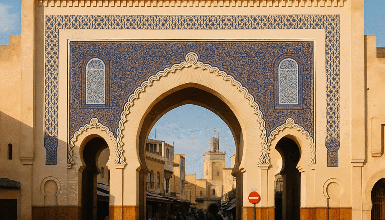 Bab Bou Jeloud, the Blue Gate in Fez, a must-see landmark featured in a Morocco Travel Itinerary.morocco tours